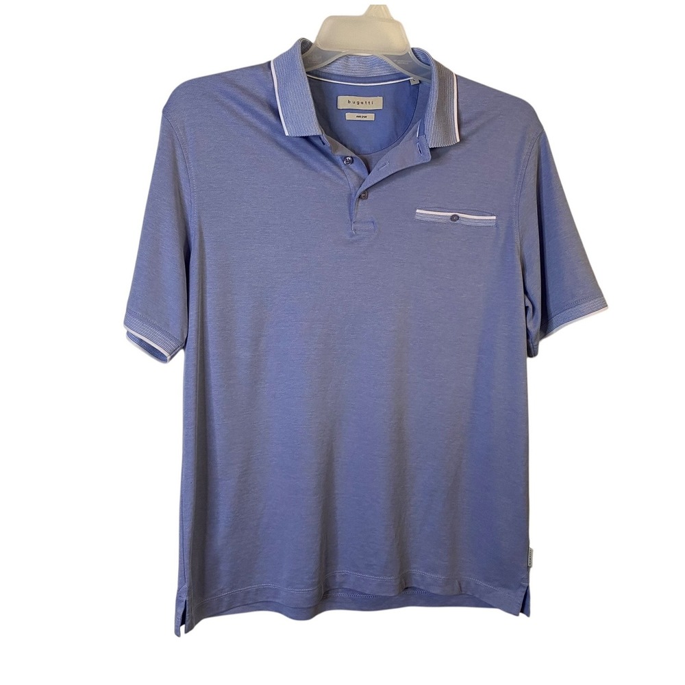 Bugatti Mens Non Iron Cotton Polo Shirt Blue Short Sleeve Size Large Pullover